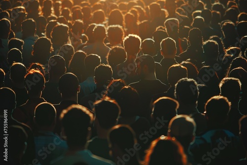 Large group of people standing in front of a bright sun. Suitable for various concepts and designs. photo