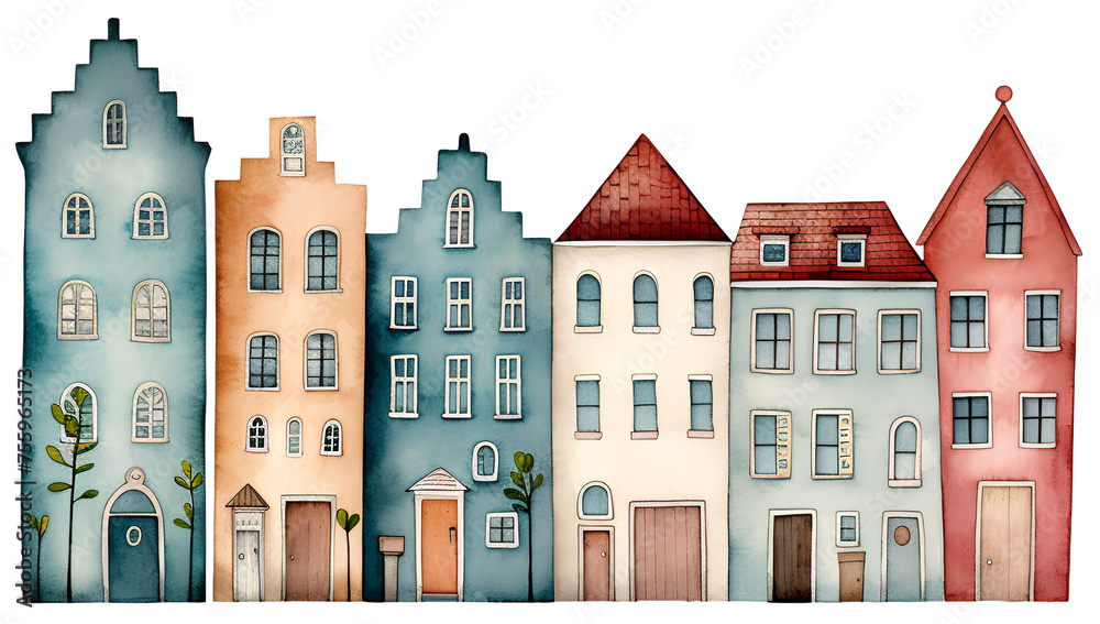 Watercolor illustration of a cute cartoon houses. Transparent background, png