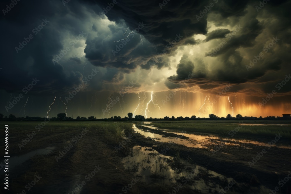 Obraz premium A dramatic reflection of a thundercloud casting a dark shadow over a field