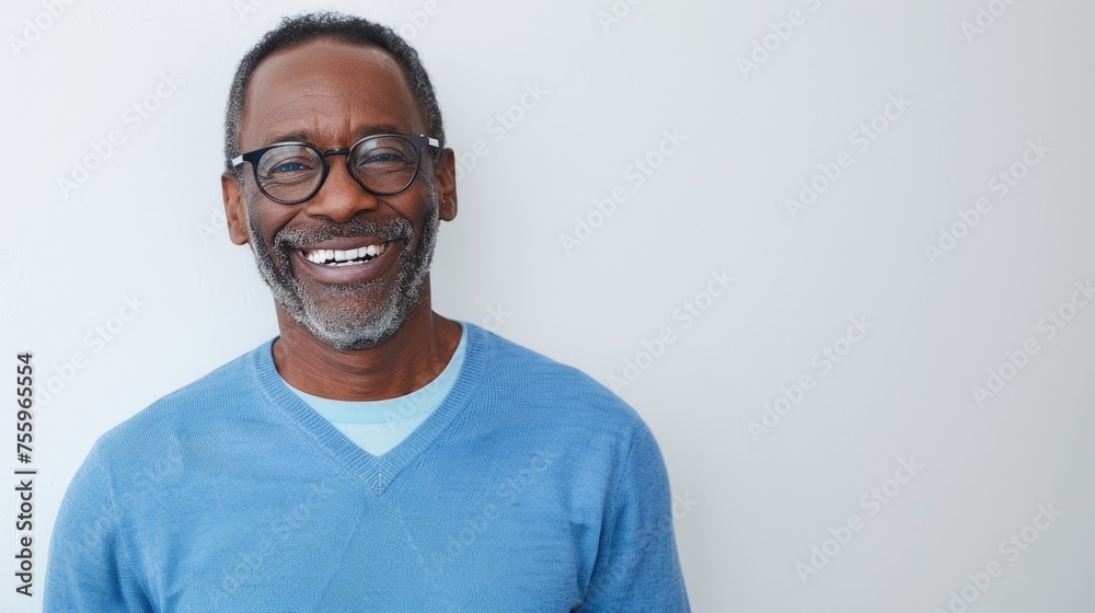 A man wearing glasses and a blue sweater. A man wearing glasses and a blue sweater.