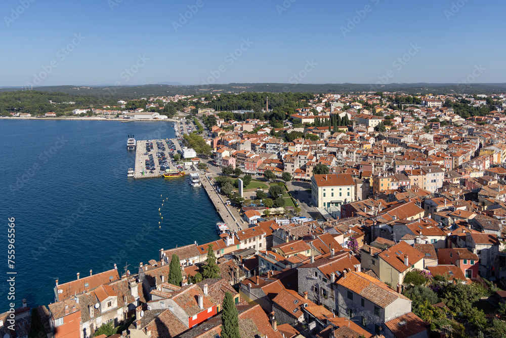 Aerial view from bell tower of Saint Euphemia Church of city and coast of Adriatic Sea, Rovinj; Croatia; Istria