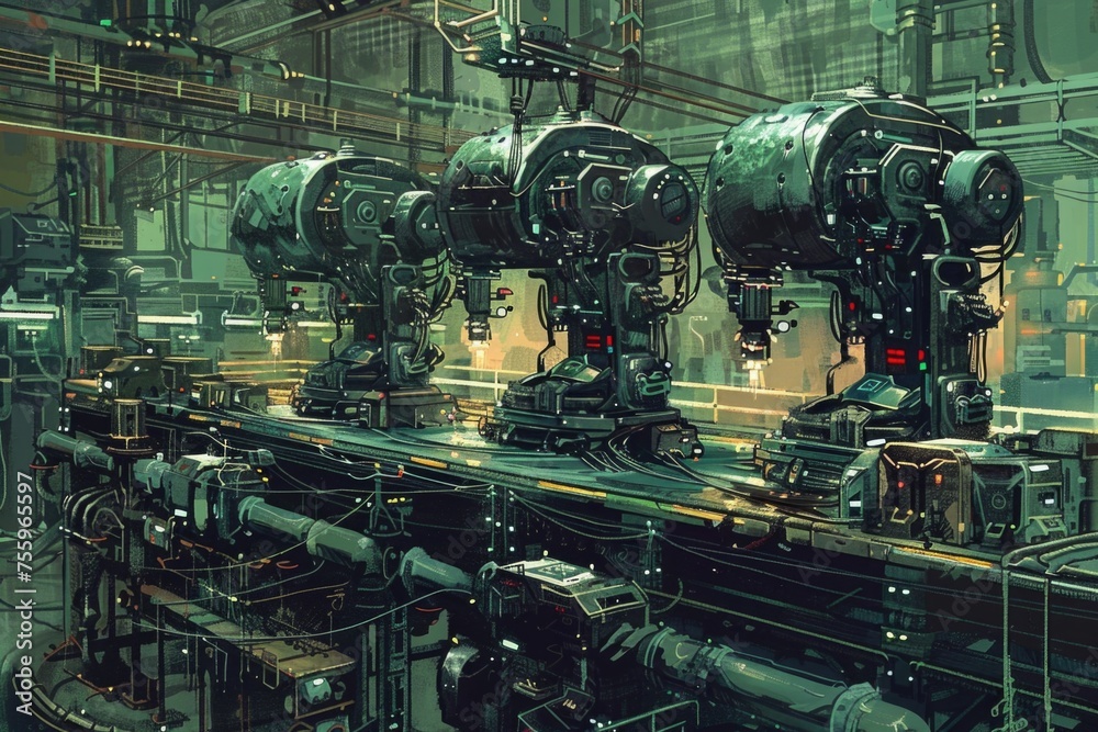 A sprawling machine room buzzes with activity as numerous machines perform complex tasks in a synchronized dance of efficiency and precision