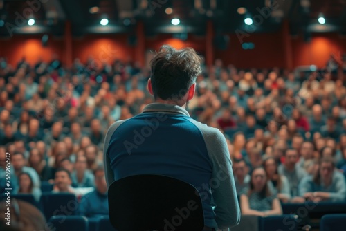 A man is seated in front of a large crowd, delivering a lecture or speech. The audience appears attentive and engaged as they listen intently