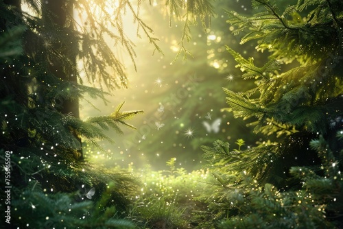A lush forest teeming with vibrant green trees and foliage  creating a mesmerizing tapestry of natures beauty. Sunlight filters through the canopy  casting a warm glow on the forest floor