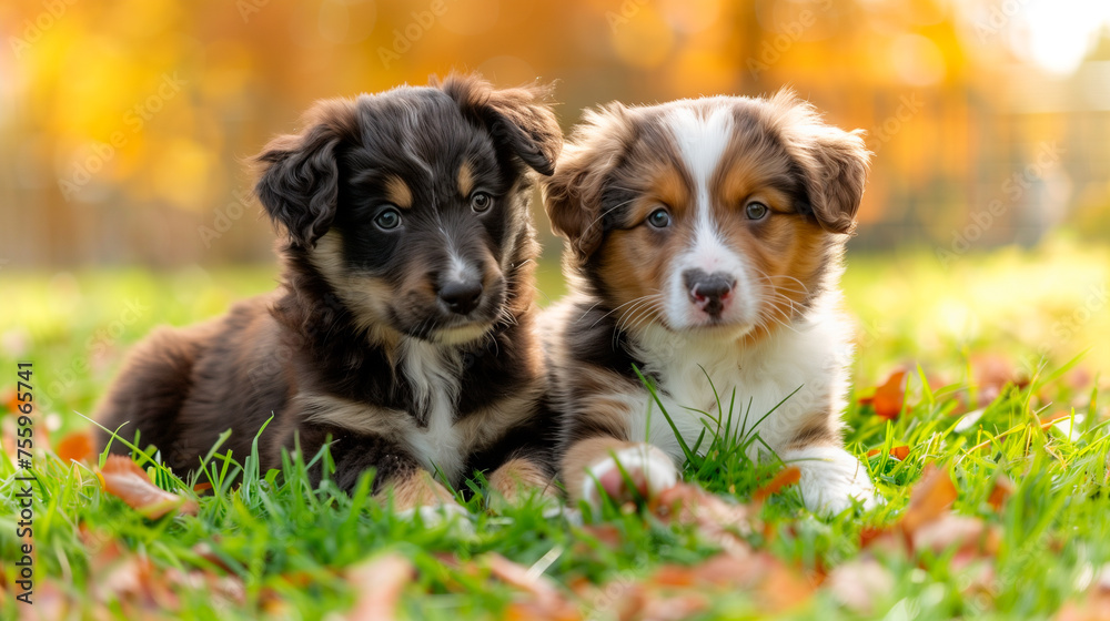 two australian shepherd puppies playing in a garden two australian shepherd puppies playing in a garden
