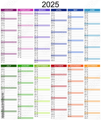 Modèle de calendrier 2025 pour agenda, organiseur ou planificateur avec textes en anglais - Textes vectorisés et non vectorisés sur calques séparés