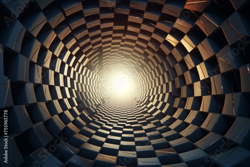 A dynamic shot of a 3D geometric tunnel with hypnotic visual effects