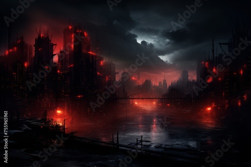 A dystopian cityscape at night, illuminated by eerie red lights