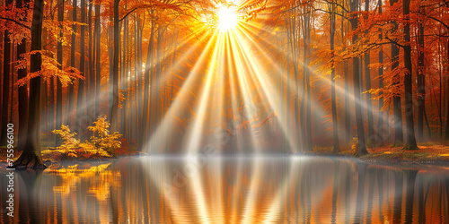 Sun rays illuminate water through forest trees
