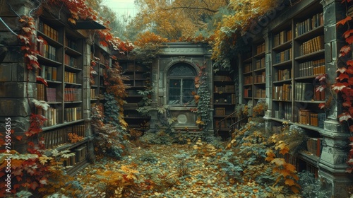 A forgotten library filled with plants and creatures of the forest