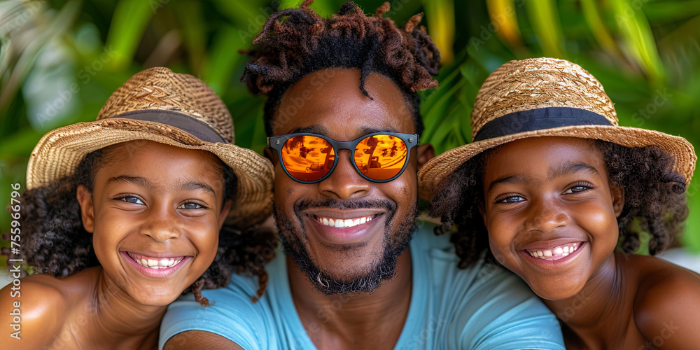 A man and two children wearing sunglasses outdoors