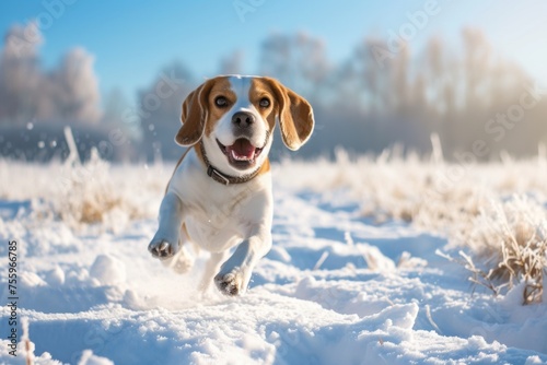 A dog energetically running through snow in a vast field. © Svyatoslav Lypynskyy