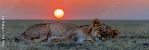 Two lions laying on top of a grassy field