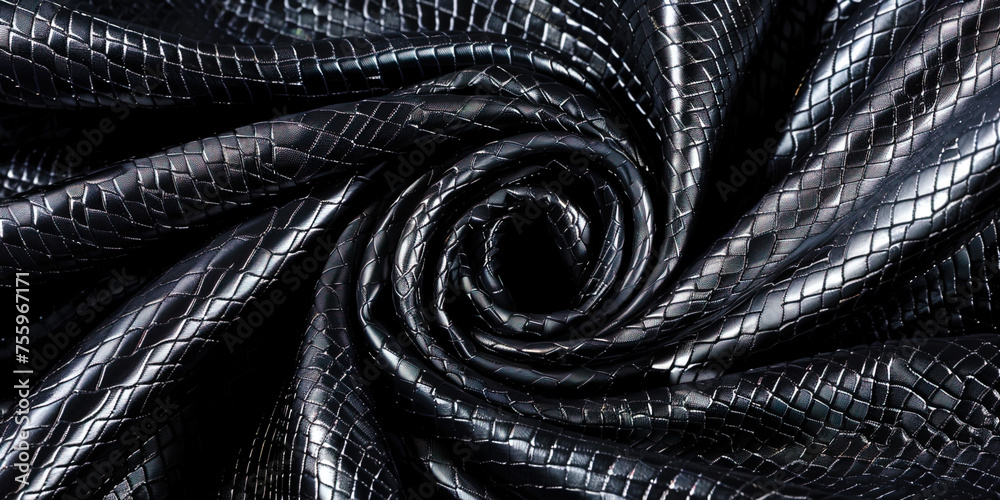 Detailed close-up view of a black leather texture Detailed close-up view of a black leather texture