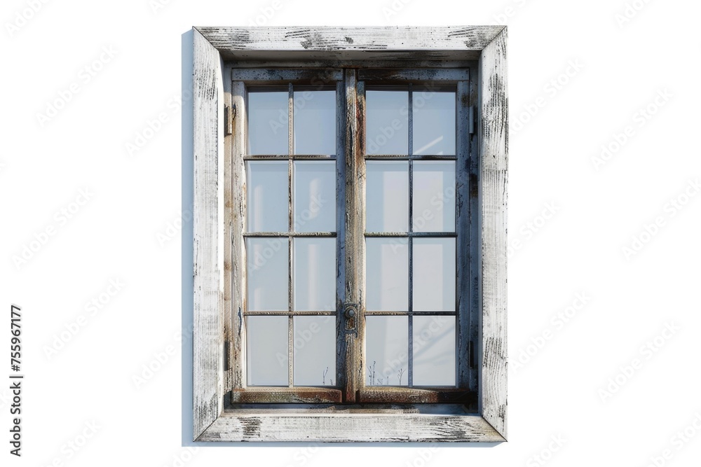 Vintage window with glass pane against white wall, perfect for architectural design projects.
