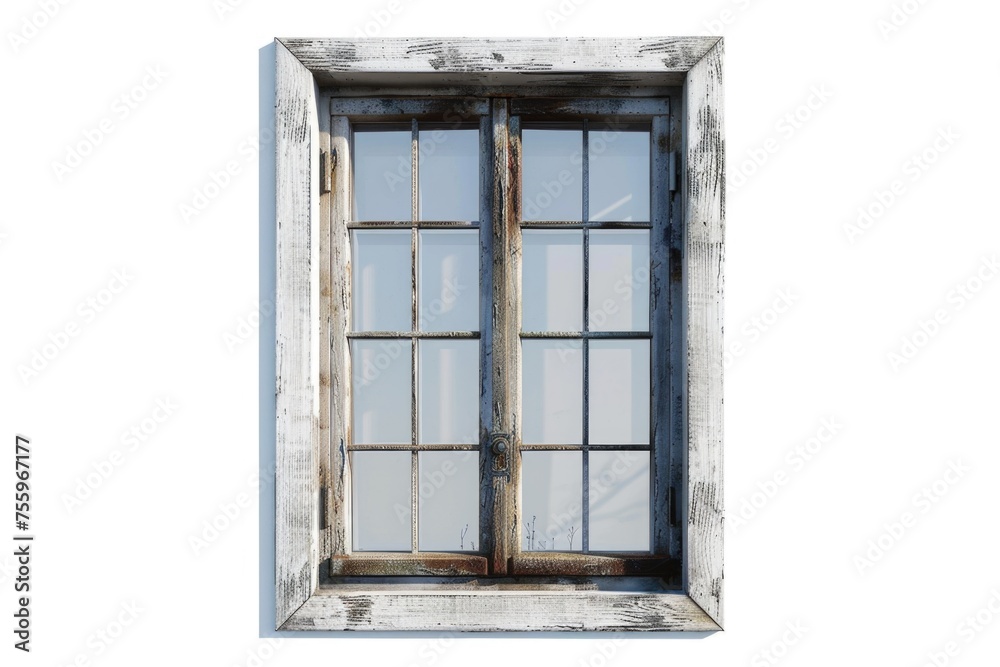 Obraz premium Vintage window with glass pane against white wall, perfect for architectural design projects.
