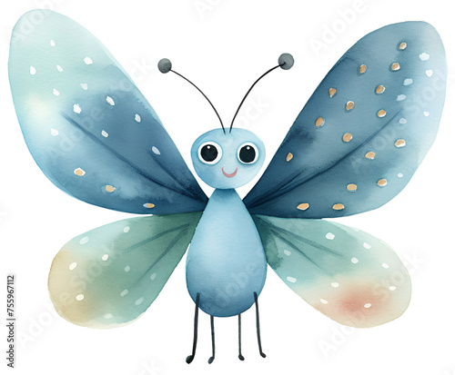 Watercolor illustration of a cartoon butterfly. Naive simple scandinavian style insects. Cute animals. Transparent background, png © Bonbonny