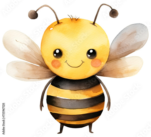 Watercolor illustration of a cartoon bee, bumblebee, wasp. Naive simple scandinavian style insects. Cute animals. Transparent background, png © Bonbonny