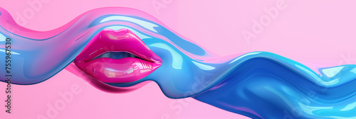Glossy lips in a wavy sculpture against a vivid pink backdrop. Abstract face for presentation of cosmetic procedures. Cosmetology concept photo