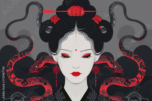 Queen snake charmer. Asian woman with snakes