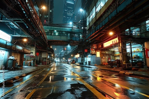 The night time of the wet street in the raining town that similar to downtown even though brightly light from a lot of source of lights shine through every conner of this raining chinatown. AIGX03.