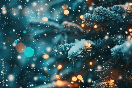 Close-up of a snow-covered Christmas tree, perfect for holiday-themed designs.