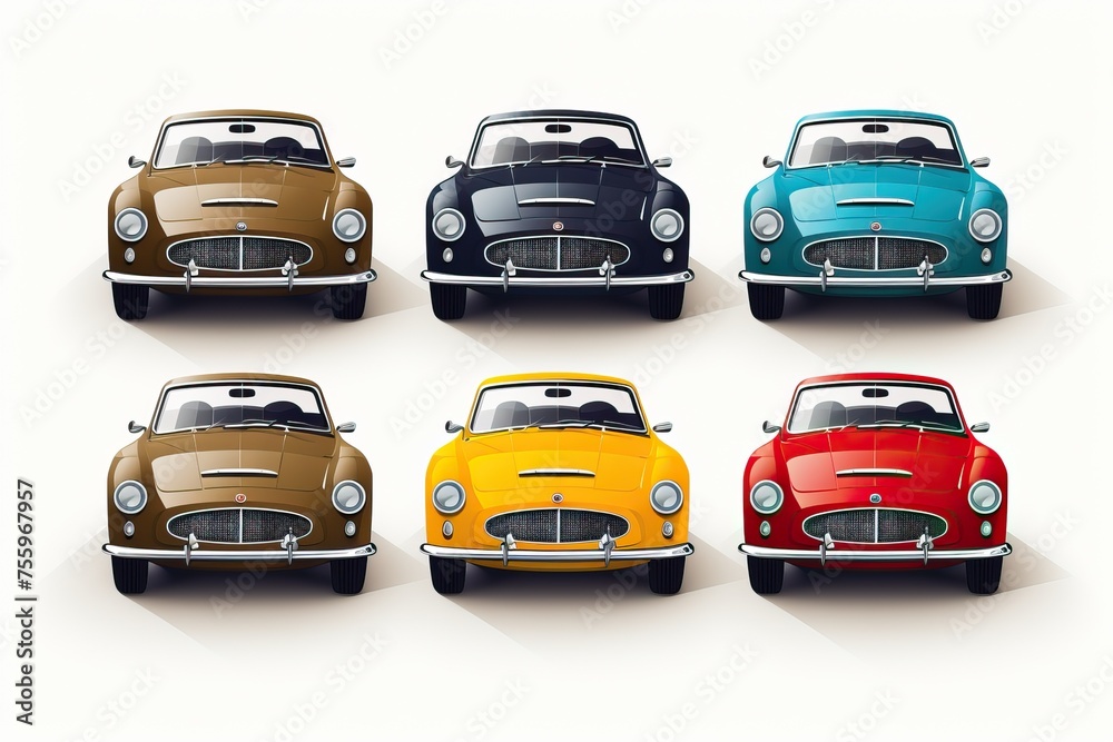 Set of retro colored cars on a white background, front view of the cars.