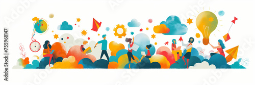 creativity, portraying a group's unified focus on a central lightbulb, a metaphor for teamwork inspired innovation and the collective pursuit of ideas