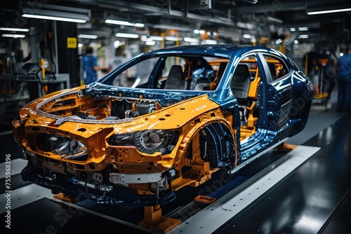 Car bodies on the conveyor, Car manufacturing plant, Modern automobile industry.