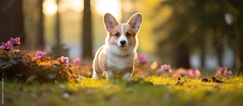 A fawn and white corgi, a small herding dog breed, is standing among the colorful flowers in a grassy field. Its snout, whiskers, and playful demeanor make it a beloved companion and toy dog