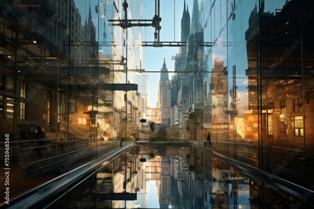 An artistic reflection of a historic building in a modern glass skyscraper