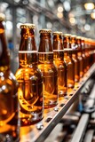 Beer bottles on a conveyor belt, suitable for manufacturing or beverage industry concepts.