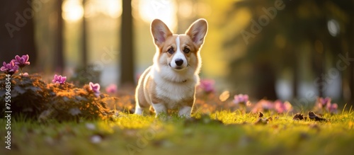 A fawn and white corgi  a small herding dog breed  is standing among the colorful flowers in a grassy field. Its snout  whiskers  and playful demeanor make it a beloved companion and toy dog