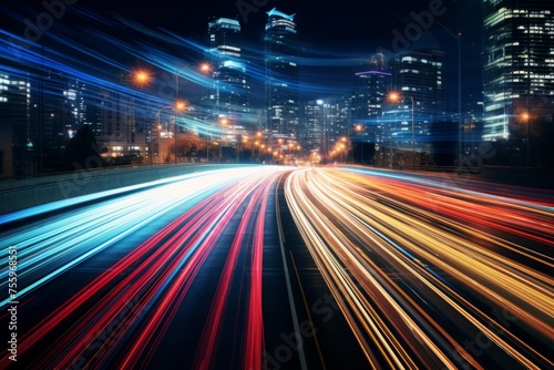 An abstract image of light trails created by long-exposure photography of city traffic