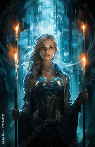 Enchanting Warrior Woman with Torches in Mystical Setting