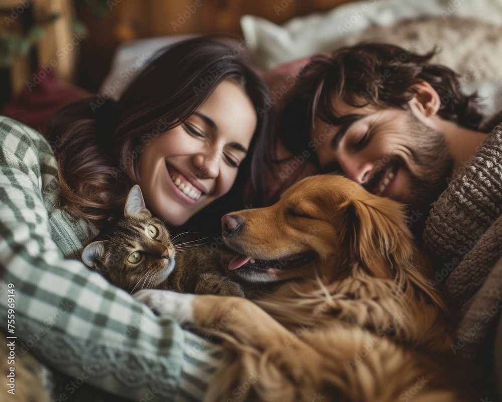 A man and woman are reclining in bed with a dog and cat resting beside them. A man and woman are reclining in bed with a dog and cat resting beside them.