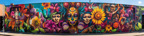 Marvel at the intricate designs and vibrant colors of a psychedelic street art mural.