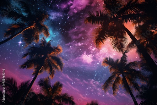 Neon lit palm trees against a night sky