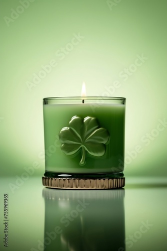 Green Shamrock Candle on Reflective Surface
