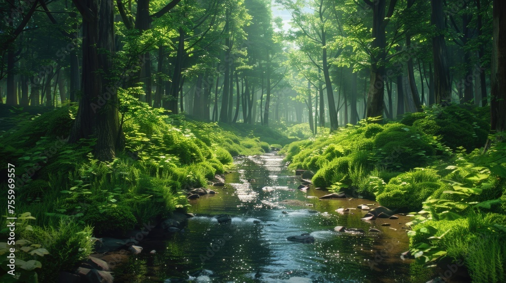 Peaceful stream flowing through vibrant forest. Ideal for nature and travel concepts. Peaceful stream flowing through vibrant forest. Ideal for nature and travel concepts.