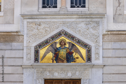 Facade of Orthodox Saint Spyridon Church located at Piazza Sant'Antonio Nuovo, Trieste, Italy photo