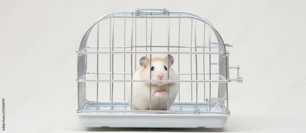 A fawn hamster with whiskers and a snout is sitting in a cage, surrounded by pet supplies and toys, on a white background