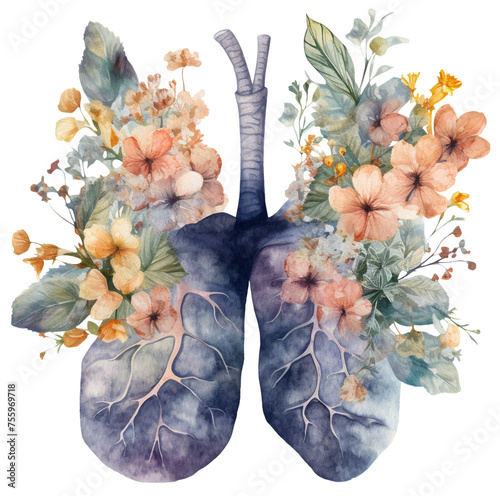 Watercolor illustration of lungs with flowers. Transparent background, png