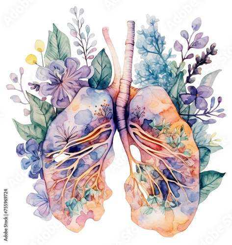 Watercolor illustration of lungs with flowers. Transparent background, png © Bonbonny
