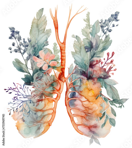 Watercolor illustration of lungs with flowers. Transparent background, png