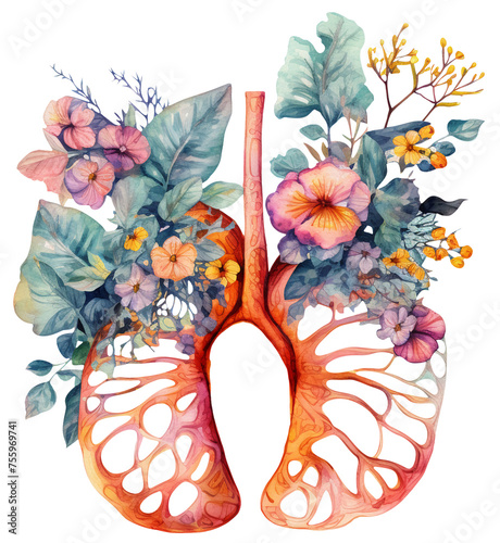 Watercolor illustration of lungs with flowers. Transparent background, png