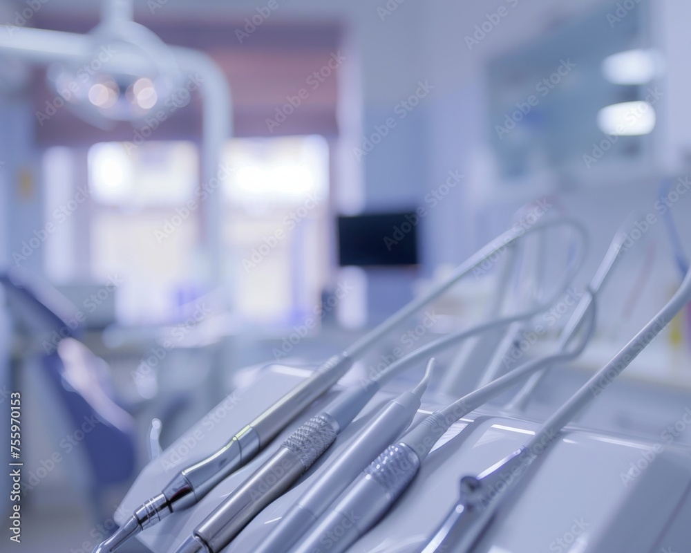 A row of gleaming surgical instruments neatly arranged on a table in a hospital room ready for use during medical procedures.