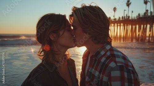Couple kissing on sandy beach, perfect for romantic concepts.