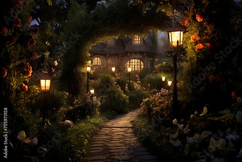 A candlelit path leading through a garden
