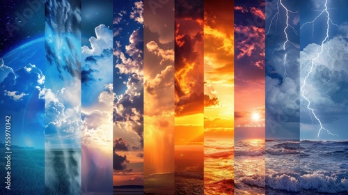 A series of images of different weather conditions, including a stormy sky, a sunny day, and a cloudy day. The images are arranged in a row, with each one representing a different weather pattern photo